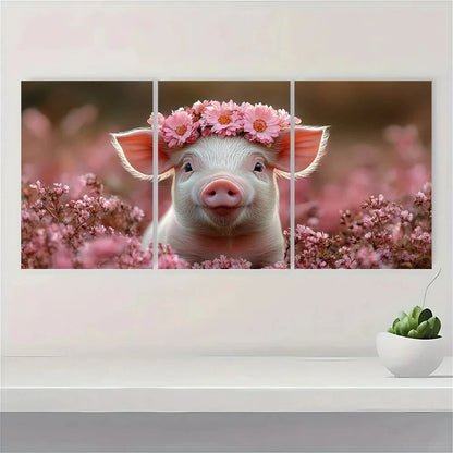 3pcs Happy Animals Pig with Flower Crown Metal Print Ready to Hang Art