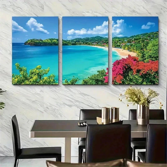 3pcs Tropical Beach Scene Grenada Perfect Wall Art Set Canvas Framed 60x90cm - High Quality Print 100% Australian Made Wall Canvas Ready to Hang