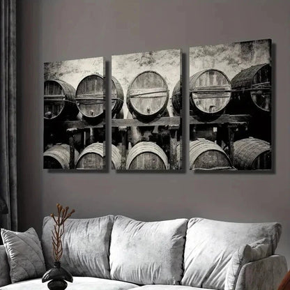 3pcs Wine Barrels Stacked in a Vintage Winery Wall Art Set Canvas Framed 40x60cm - High Quality Print 100% Australian Made Wall Canvas Ready to Hang