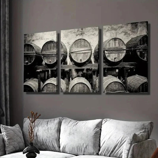 3pcs Wine Barrels Stacked in a Vintage Winery Wall Art Set Canvas Framed 40x60cm - High Quality Print 100% Australian Made Wall Canvas Ready to Hang