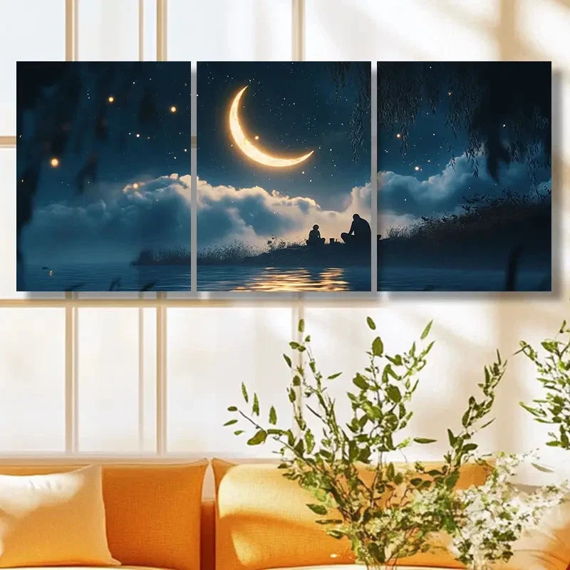 3pcs Crescent Moon Nighttime Scene with Starry Sky Metal Print Ready to Hang Art