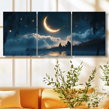 3pcs Crescent Moon Nighttime Scene with Starry Sky Metal Print Ready to Hang Art