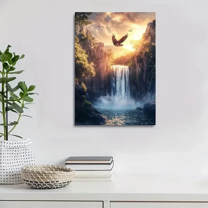 Eagle Jumping Joyfully Near Crystal Clear Waterfall 40x60cm Metal Print Ready to Hang