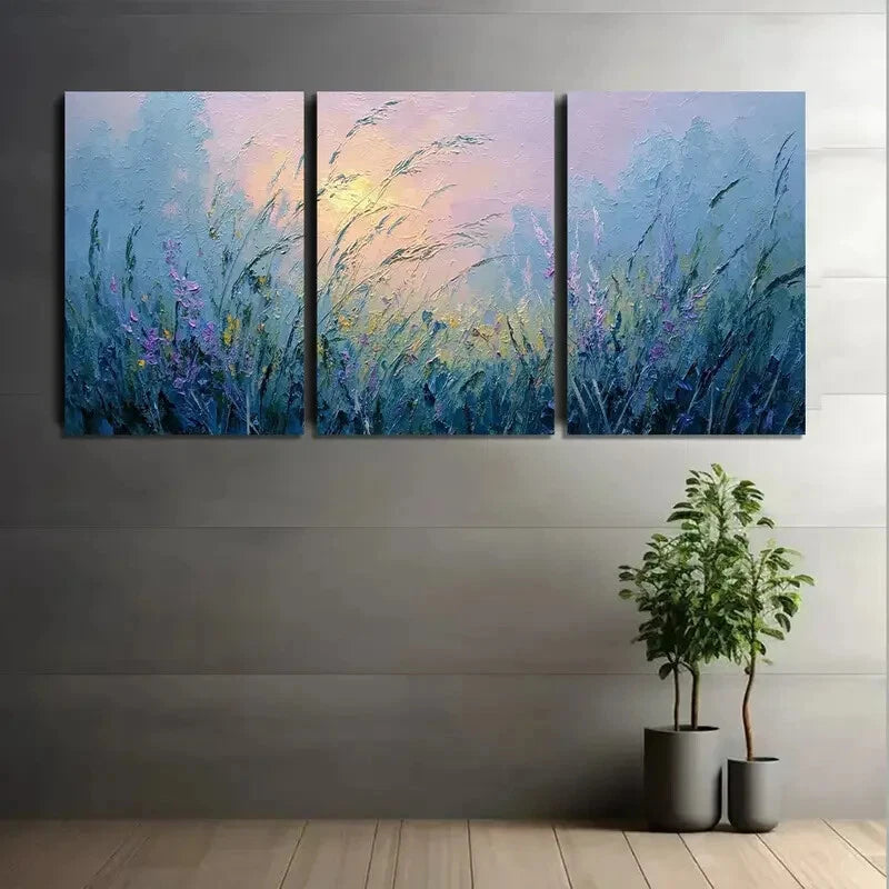 3pcs Tall Grass and Wildflowers in Soft Dappled Metal Print Ready to Hang Art