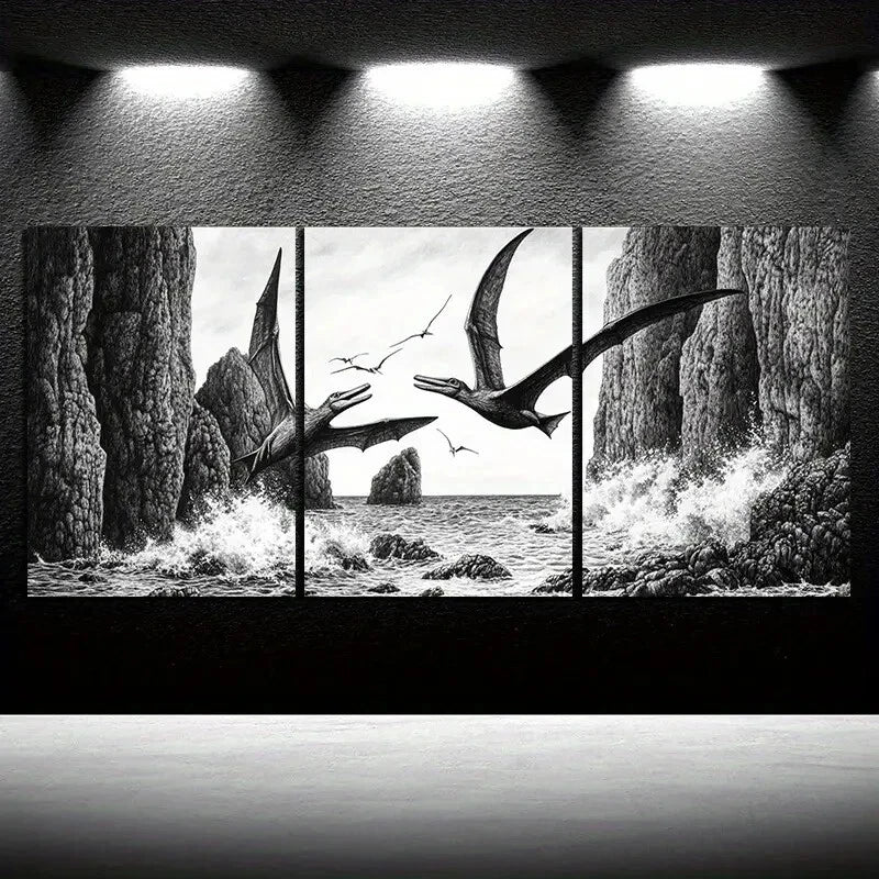 3pcs Dragons Flying On The Coast Beach Metal Print Ready to Hang Art