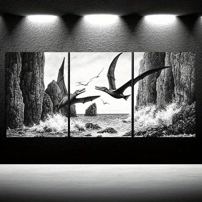3pcs Dragons Flying On The Coast Beach Metal Print Ready to Hang Art