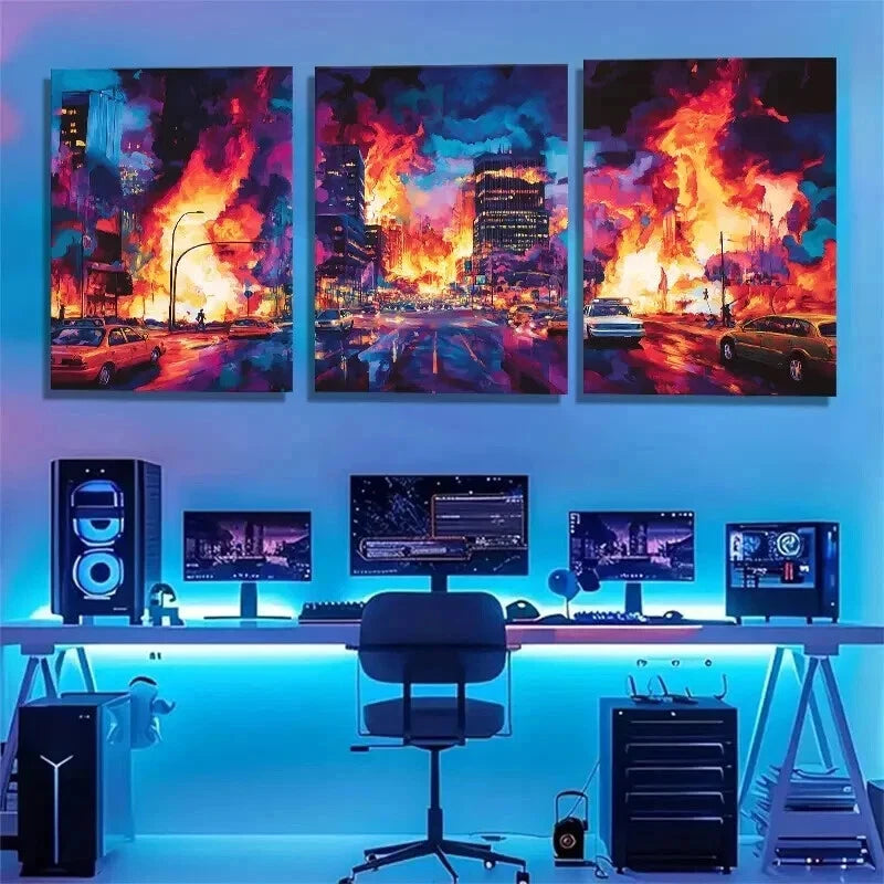 3pcs Cyberpunk Cityscape Neon Apocalypse Perfect Wall Art Set Canvas Framed 40x60cm - High Quality Print 100% Australian Made Wall Canvas Ready to Hang