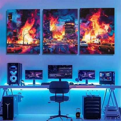 3pcs Cyberpunk Cityscape Neon Apocalypse Perfect Wall Art Set Canvas Framed 40x60cm - High Quality Print 100% Australian Made Wall Canvas Ready to Hang