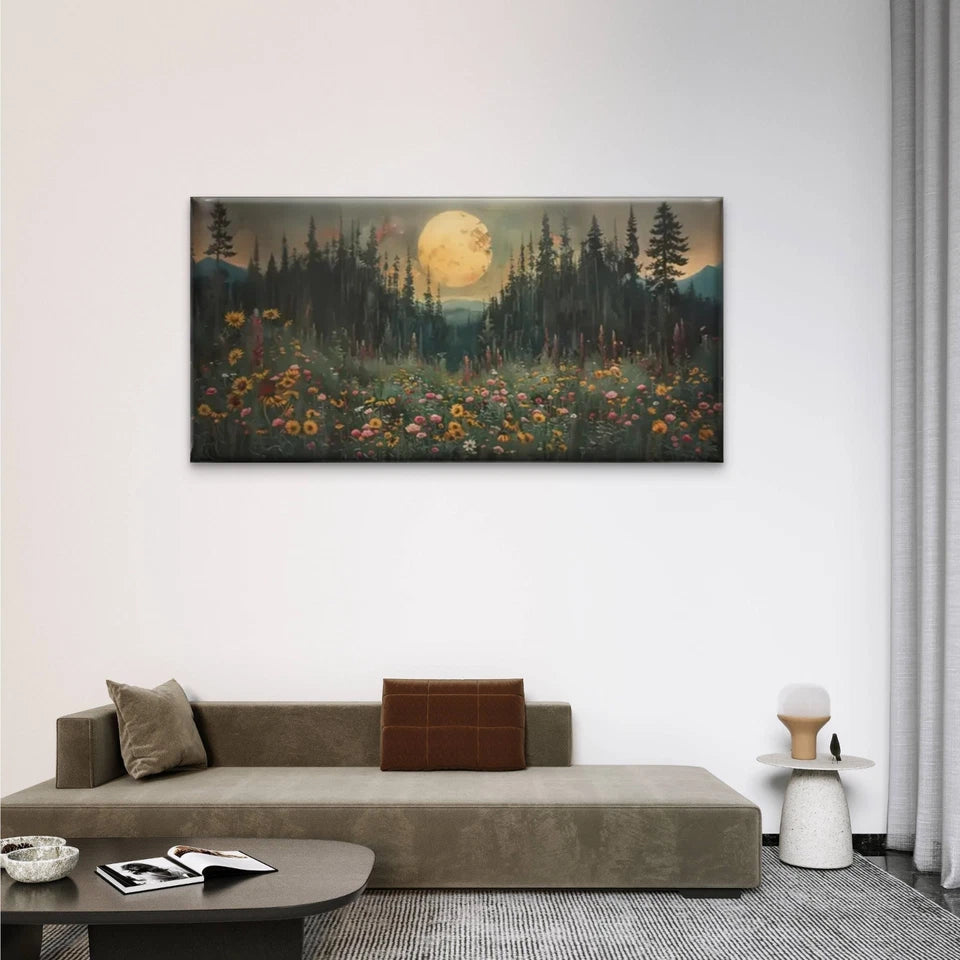 Fields Of Flowers Full Moon Wall Art Canvas Office Home Room Framed 120x60cm