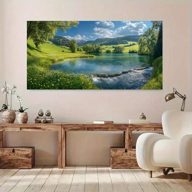 Serene Lake Lush Hills Sky  wall canvas office home room framed 120x60cm