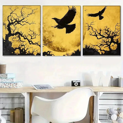 3pcs Moonlit Raven Flying Crows Golden Perfect Wall Art Set Canvas Framed 40x60cm - High Quality Print 100% Australian Made Wall Canvas Ready to Hang