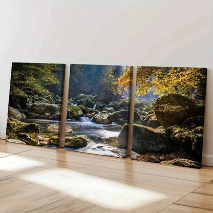 3pcs Autumn Forest River Stone Modern Wall Art Set Canvas Framed 40x60cm - High Quality Print 100% Australian Made Wall Canvas Ready to Hang