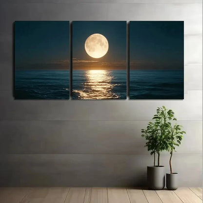 3pcs Full Moon Ocean Golden Reflections Metal Print Ready to Hang Art