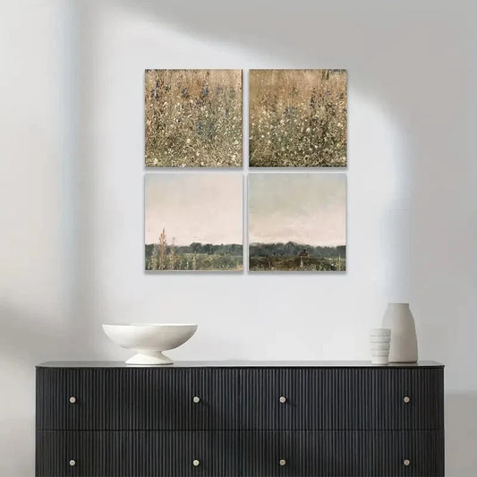 4pcs Vintage Wall Art, Wildflower Field Set Wall Art Canvas Framed