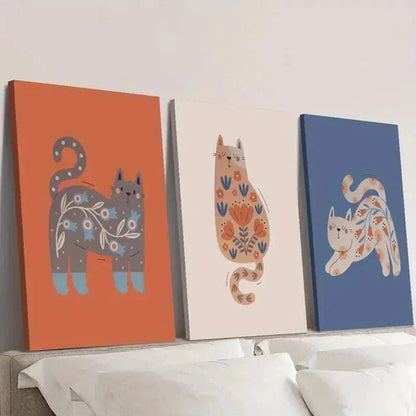 3pcs Cute Cartoon Nordic Niche Cats Wall Art Set Canvas Unframed - High Quality Print 100% Australian Made Wall Canvas
