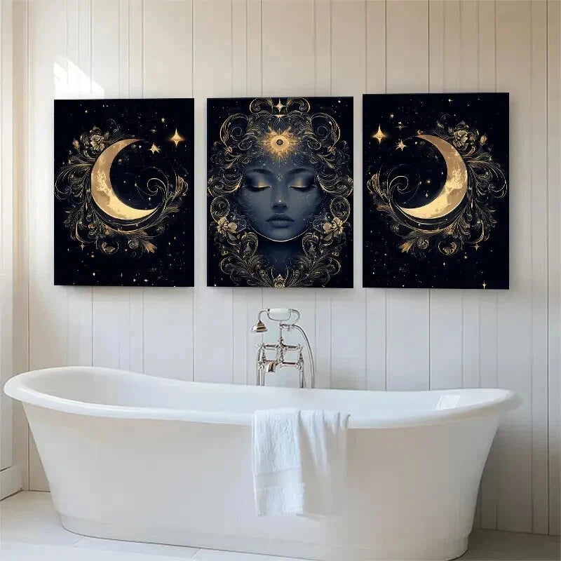 3pcs Mystical Moon Goddess Golden Lunar Perfect Wall Art Set Canvas Framed 40x60cm - High Quality Print 100% Australian Made Wall Canvas Ready to Hang