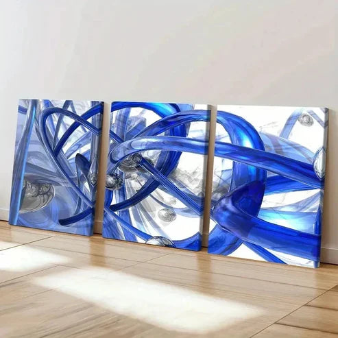 3pcs Abstract Blue Pipe with Silvery Marbles Wall Art Set Canvas Unframed - High Quality Print 100% Australian Made Wall Canvas