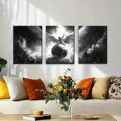 3pcs Angelic Warrior Black And White Perfect Wall Art Set Canvas Framed 40x60cm - High Quality Print 100% Australian Made Wall Canvas Ready to Hang