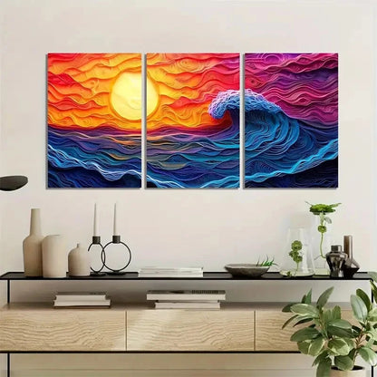 3pcs Vibrant Ocean Sunset Scene with Waves Metal Print Ready to Hang Art