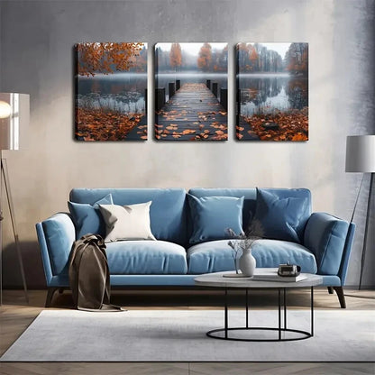 3pcs Serene Autumn Vibrant Bridge Perfect Wall Art Set Canvas Framed 40x60cm - High Quality Print 100% Australian Made Wall Canvas Ready to Hang