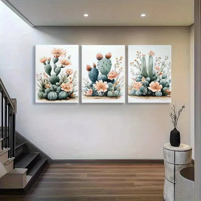 3pcs Elegant Cactus & Floral Green Cacti Peach Metal Print Ready to Hang Art
