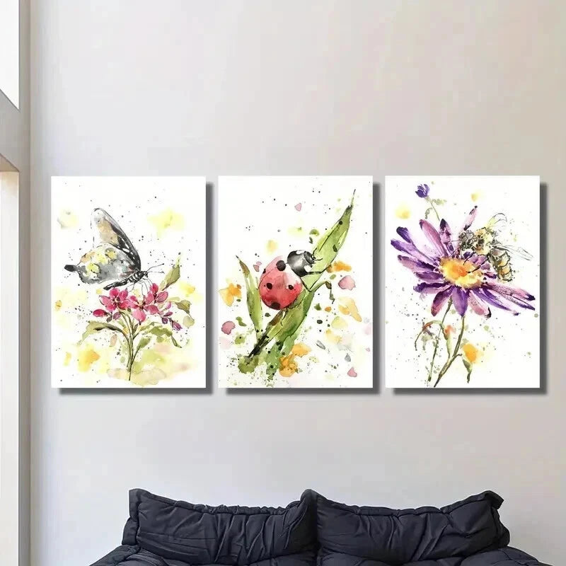 3pcs Flowers & Butterfly Ladybug Bee Wall Art Set Canvas Framed 40x60c