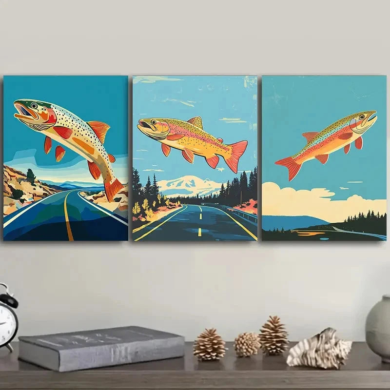 3pcs Flying Fish Art Painting I Wall Art Set Canvas Framed 50x70cm - High Quality Print 100% Australian Made Wall Canvas Ready to Hang
