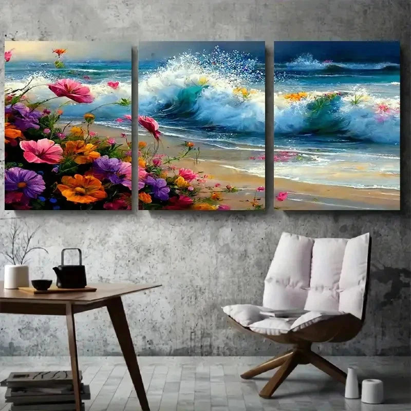 3pcs Vibrant Floral Seashore Wave Wall Art Set Canvas Framed 40x60cm - High Quality Print 100% Australian Made Wall Canvas Ready to Hang