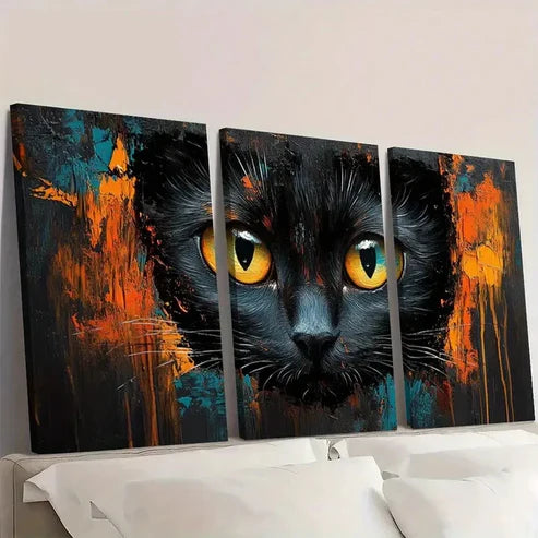 3pcs Dynamic Abstract Vibrant Black Cat Wall Art Set Canvas Unframed - High Quality Print 100% Australian Made Wall Canvas