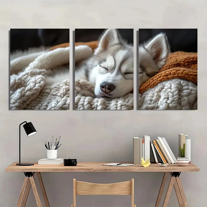 3pcs Vintage Siberian Husky Sleeping on Cozy Metal Print Ready to Hang Art