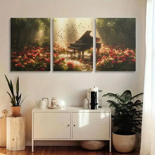 3pcs Grand Piano Surrounded by Blooming Metal Print Ready to Hang Art