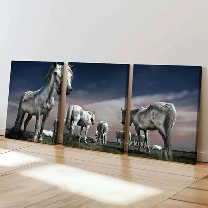 3pcs White Horse in Grassland Landscape Wall Art Set Canvas Framed 40x60cm - High Quality Print 100% Australian Made Wall Canvas Ready to Hang
