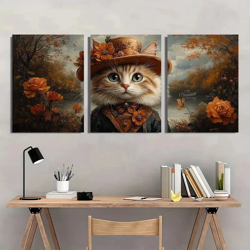 3pcs Whimsical Cat Golden Hat & Roses Metal Print Ready to Hang Art