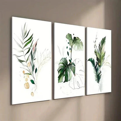 3pcs Green And Golden Fern Palm Tree Wall Art Set Canvas Unframed - High Quality Print 100% Australian Made Wall Canvas