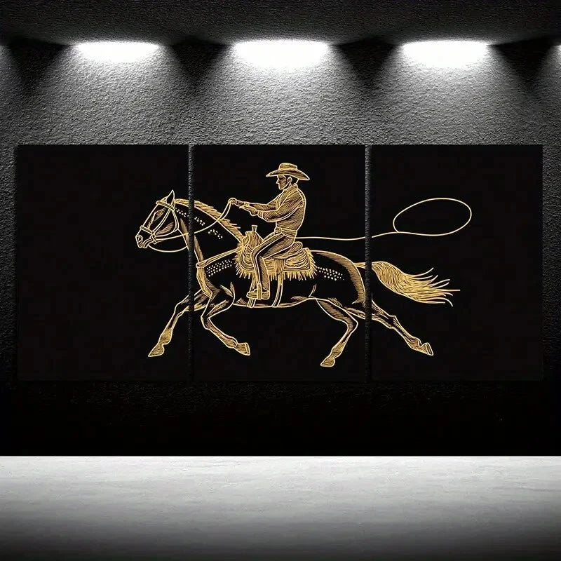 3pcs Horse Man Riding Golden Lines Metal Print Ready to Hang Art