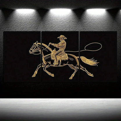 3pcs Horse Man Riding Golden Lines Metal Print Ready to Hang Art