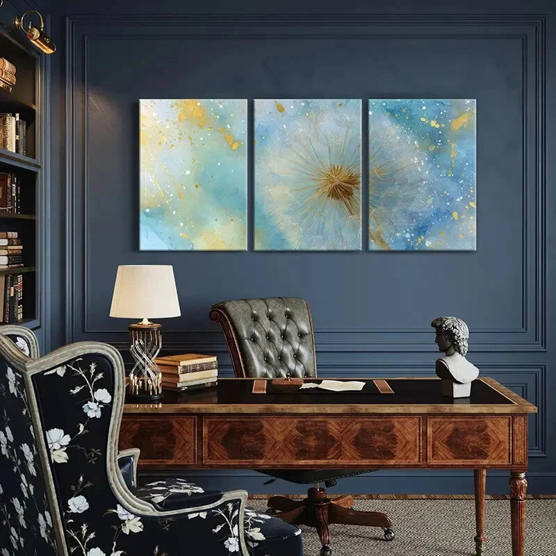 3pcs Abstract Dandelion Blue & Golden Hues Metal Print Ready to Hang Art