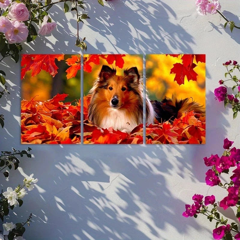 3pcs Shetland Sheepdog Laying in Pile of Leaves Metal Print Ready to Hang Art