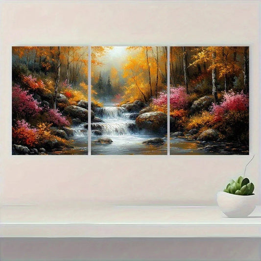 3pcs Autumn Forest Waterfall & Misty Mountains Wall Art Set Canvas Framed 60x90cm - High Quality Print 100% Australian Made Wall Canvas Ready to Hang
