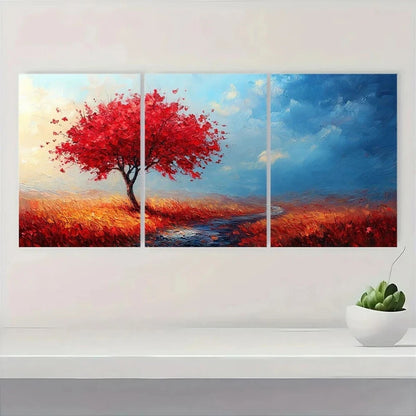 3pcs Abstract Colorful Modern Red Trees River Metal Print Ready to Hang Art