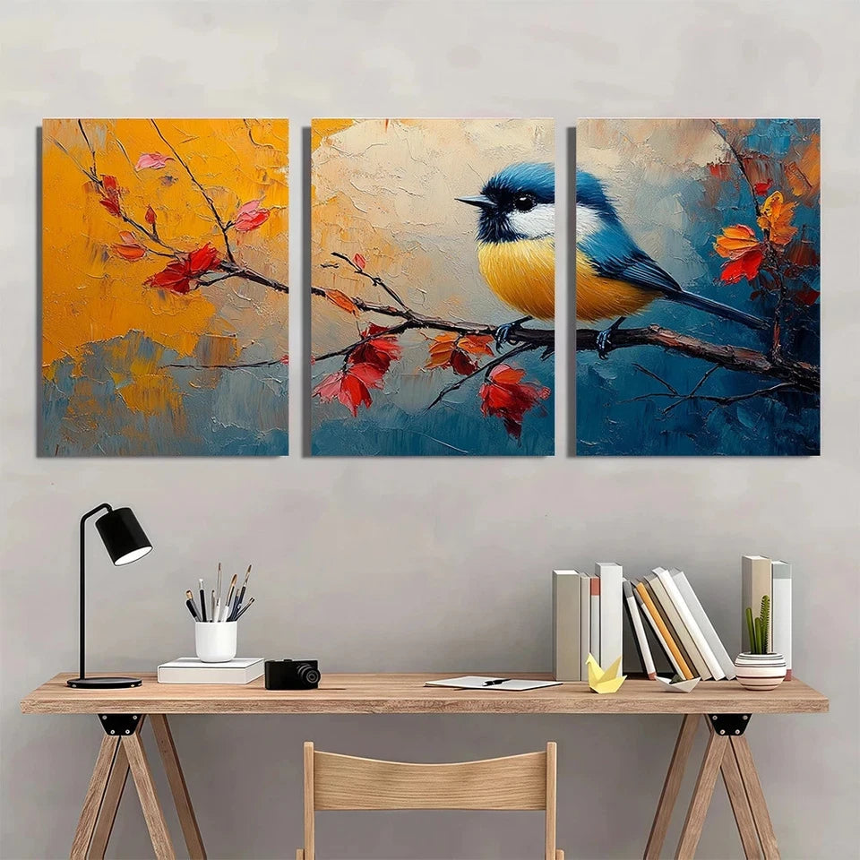 3pcs Vibrant Abstract Chickadee Bird Wall Art Set Canvas Framed 40x60cm - High Quality Print 100% Australian Made Wall Canvas Ready to Hang