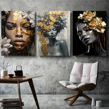 3pcs Black and Golden Abstract Female Metal Print Ready to Hang Art