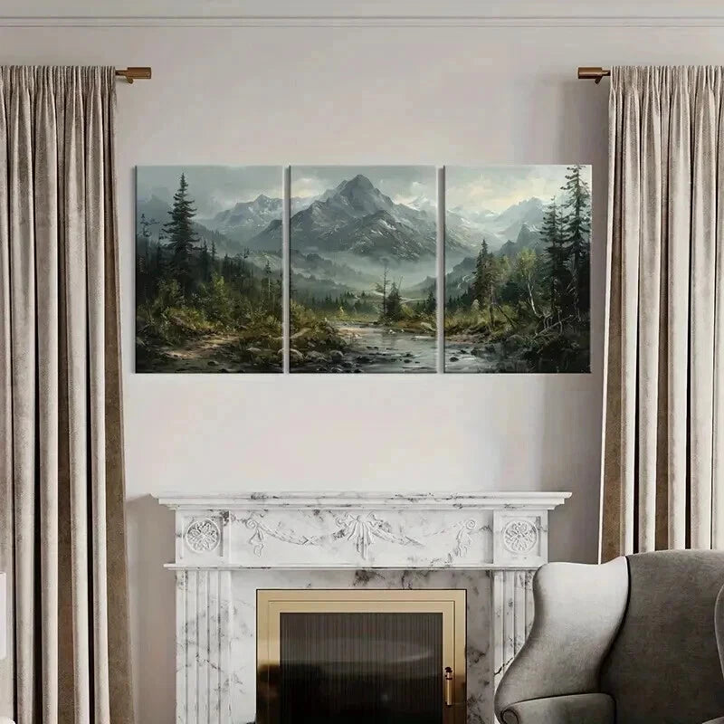 3pcs Mountain Landscape Forest Stream Wall Art Set Canvas Framed 40x60cm - High Quality Print 100% Australian Made Wall Canvas Ready to Hang