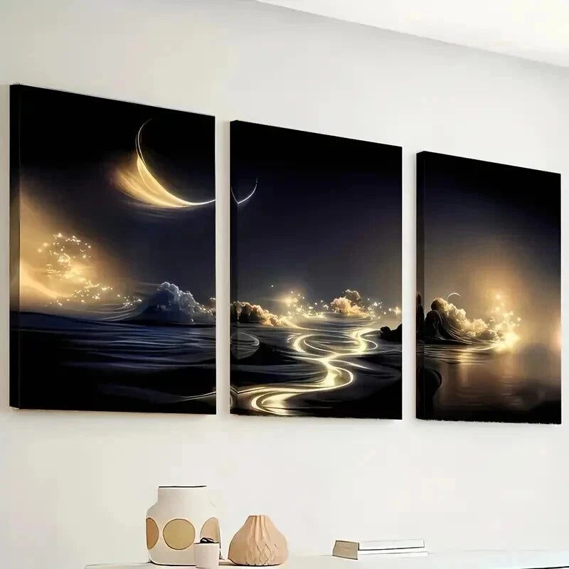 3pcs Featuring Golden Rivers And Starry Skies Wall Art Set Canvas Framed 40x60cm - High Quality Print 100% Australian Made Wall Canvas Ready to Hang