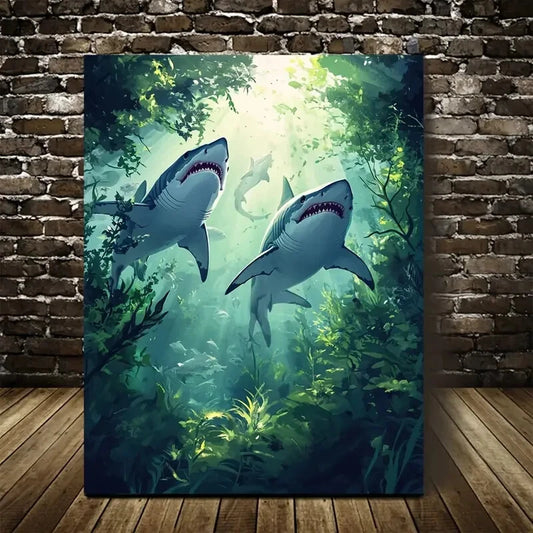 Cartoon Sharks Chasing in Lush Meadow Painting 40x60cm Metal Print Ready to Hang