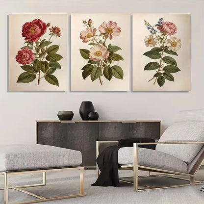 3pcs Vintage Rose Plant Triptych  Wall Art Set Canvas Framed 60x90cm - High Quality Print 100% Australian Made Wall Canvas Ready to Hang