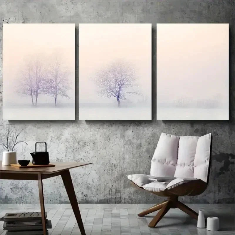3pcs Serene Foggy Misty Winter Trees Metal Print Ready to Hang Art