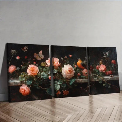 3pcs Roses Thistles and Birds Decoration Wall Art Set Canvas Framed 40x60cm - High Quality Print 100% Australian Made Wall Canvas Ready to Hang