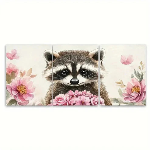 3pcs Adorable Raccoon Watercolor Print Wall Art Set Canvas Unframed - High Quality Print 100% Australian Made Wall Canvas