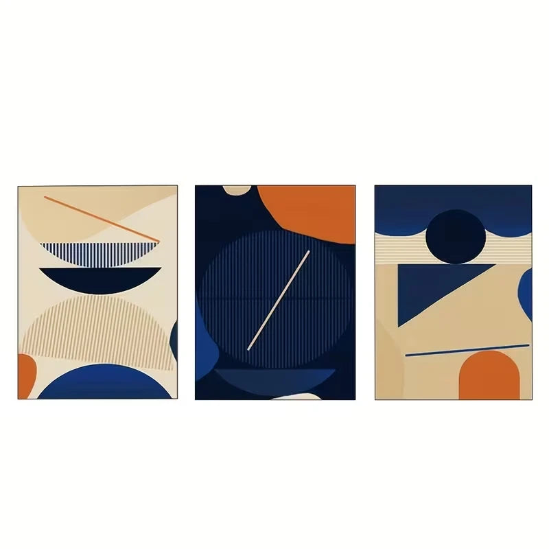 3pcs Blue, Beige, and Orange Geometric Design  Wall Art Set Canvas Framed 40x60cm - High Quality Print 100% Australian Made Wall Canvas Ready to Hang